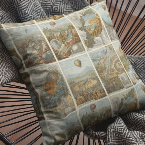 Vintage Hot Air Balloon Collecting Cards Pattern Throw Pillow