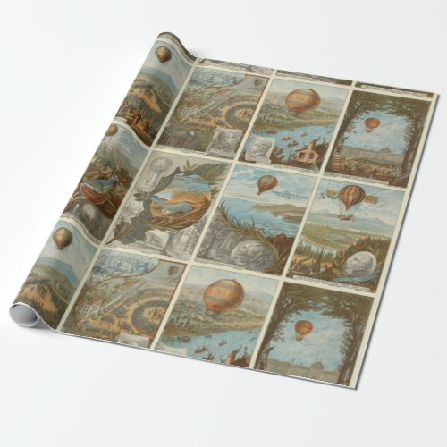 Vintage Hot Air Balloon Collecting Cards Pattern Wrapping Paper