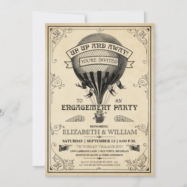 Vintage Hot Air Balloon Engagement Party Invite (Front)
