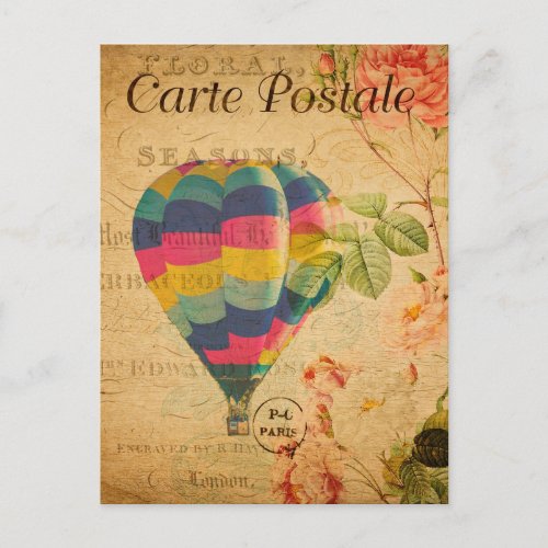 Vintage Hot air balloon Floral Flowers French Postcard