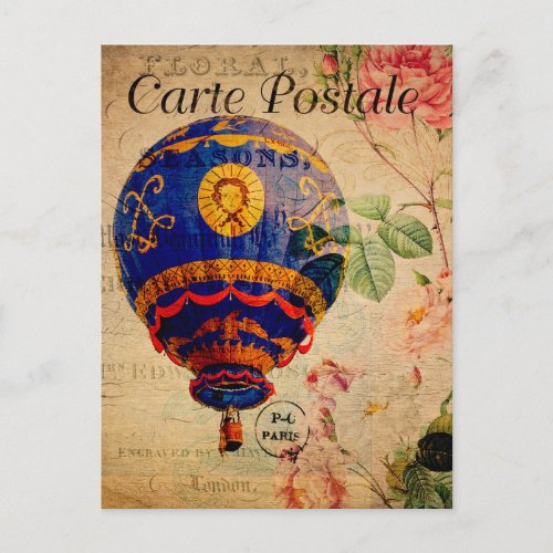 Vintage Hot air balloon Floral Flowers French Postcard