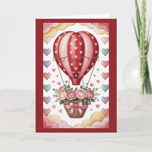 Vintage Hot Air Balloon Flowers Valentines Day Card