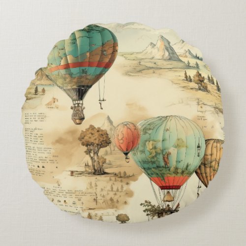 Vintage Hot Air Balloon in a Serene Landscape 10 Round Pillow