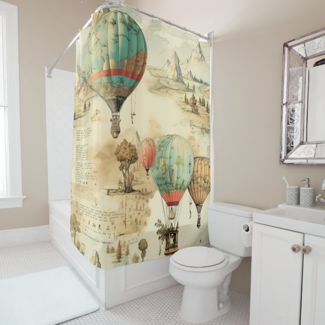 Vintage Hot Air Balloon in a Serene Landscape (10) Shower Curtain (In Situ)