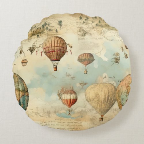 Vintage Hot Air Balloon in a Serene Landscape 11 Round Pillow