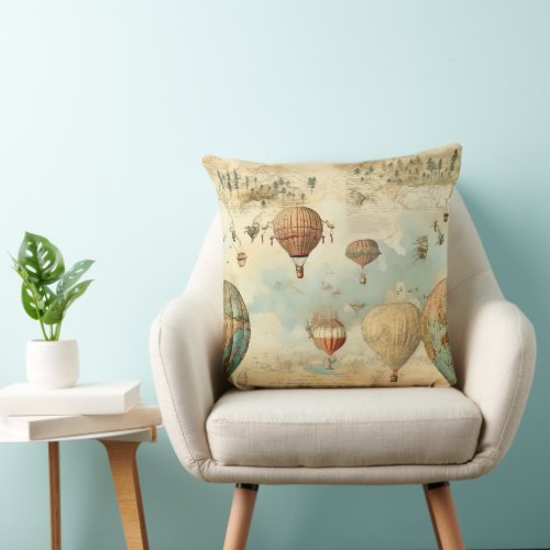 Vintage Hot Air Balloon in a Serene Landscape 11 Throw Pillow