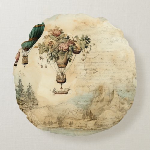 Vintage Hot Air Balloon in a Serene Landscape 1 Round Pillow