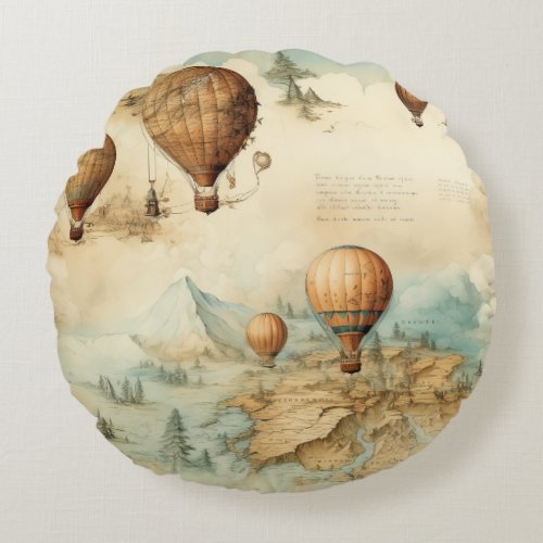 Vintage Hot Air Balloon in a Serene Landscape 2 Round Pillow