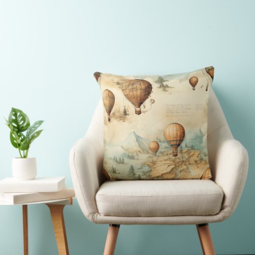 Vintage Hot Air Balloon in a Serene Landscape 2 Throw Pillow