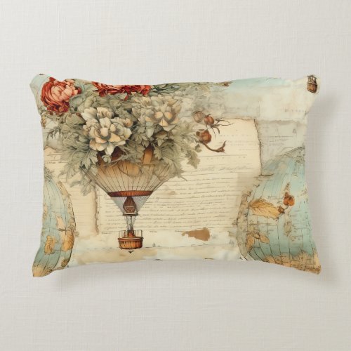 Vintage Hot Air Balloon in a Serene Landscape 3 Accent Pillow