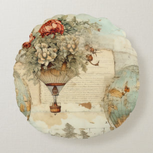 Vintage Hot Air Balloon in a Serene Landscape (3) Round Pillow