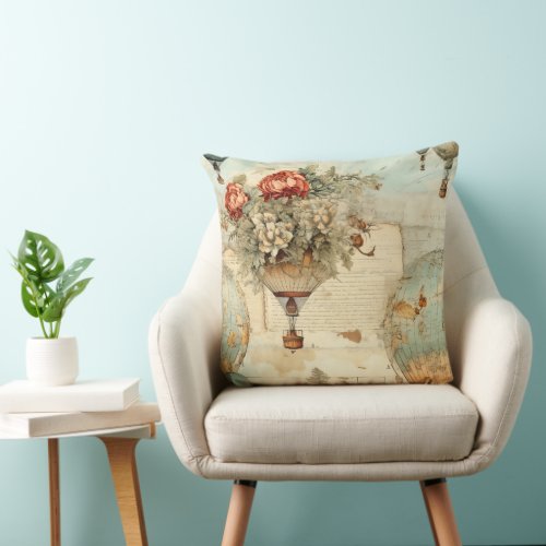 Vintage Hot Air Balloon in a Serene Landscape 3 Throw Pillow