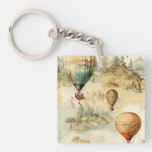 Vintage Hot Air Balloon in a Serene Landscape (4) Keychain
