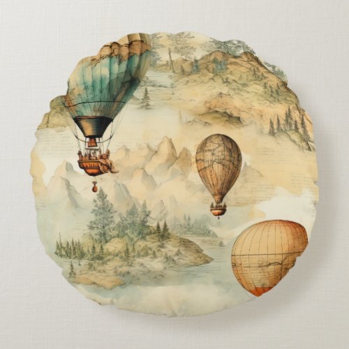 Vintage Hot Air Balloon in a Serene Landscape 4 Round Pillow