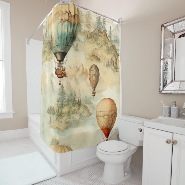 Vintage Hot Air Balloon in a Serene Landscape (4) Shower Curtain (In Situ)