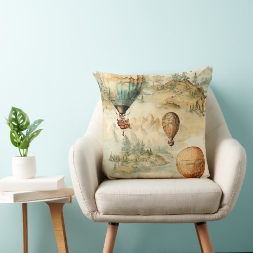 Vintage Hot Air Balloon in a Serene Landscape 4 Throw Pillow