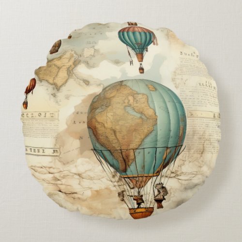 Vintage Hot Air Balloon in a Serene Landscape 5 Round Pillow