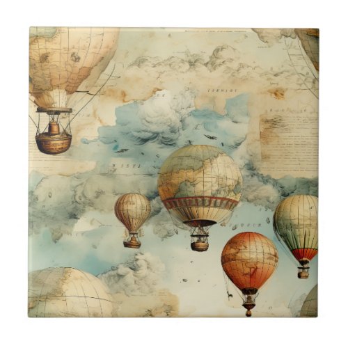 Vintage Hot Air Balloon in a Serene Landscape 6 Ceramic Tile