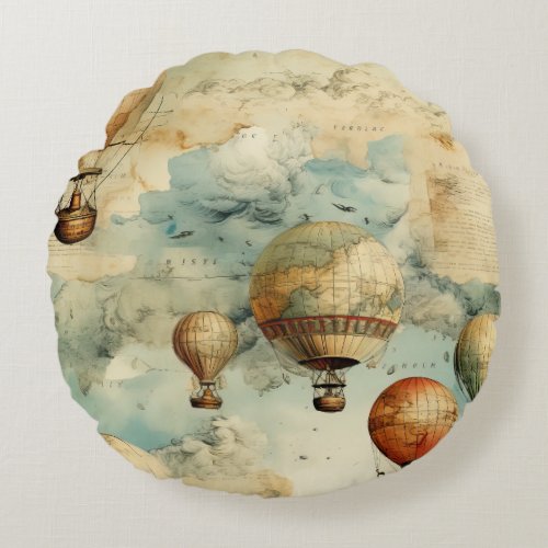 Vintage Hot Air Balloon in a Serene Landscape 6 Round Pillow