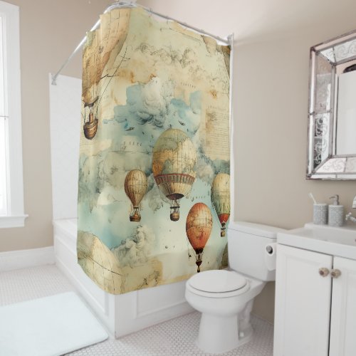 Vintage Hot Air Balloon in a Serene Landscape 6 Shower Curtain