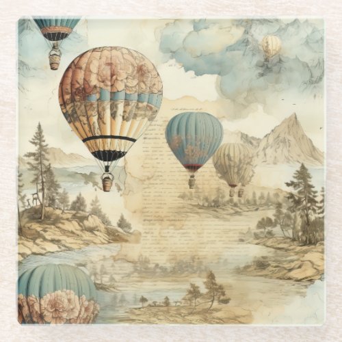 Vintage Hot Air Balloon in a Serene Landscape 7 Glass Coaster