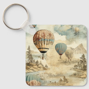 Vintage Hot Air Balloon in a Serene Landscape (7) Keychain