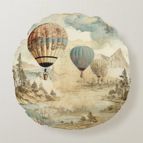 Vintage Hot Air Balloon in a Serene Landscape 7 Round Pillow