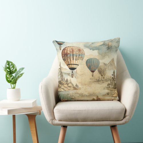 Vintage Hot Air Balloon in a Serene Landscape 7 Throw Pillow
