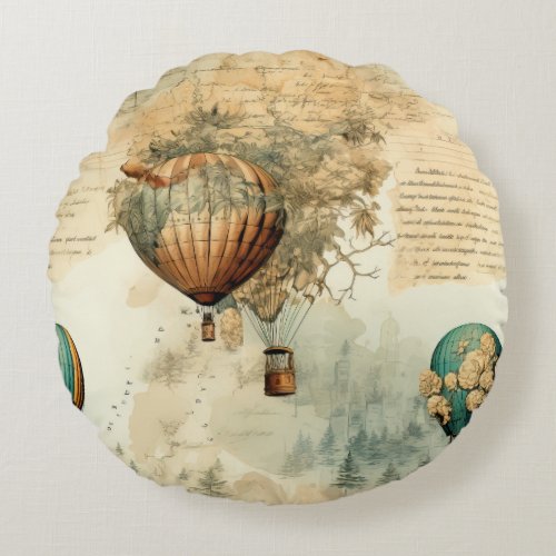 Vintage Hot Air Balloon in a Serene Landscape 8 Round Pillow