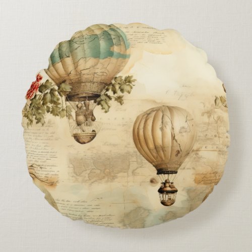 Vintage Hot Air Balloon in a Serene Landscape 9 Round Pillow