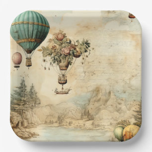 Vintage Hot Air Balloon in a Serene Landscape Paper Plates