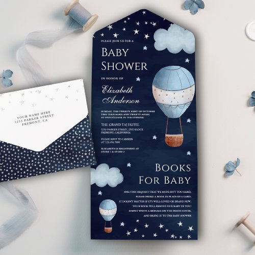 Vintage Hot Air Balloon Navy Blue Baby Shower All In One Invitation