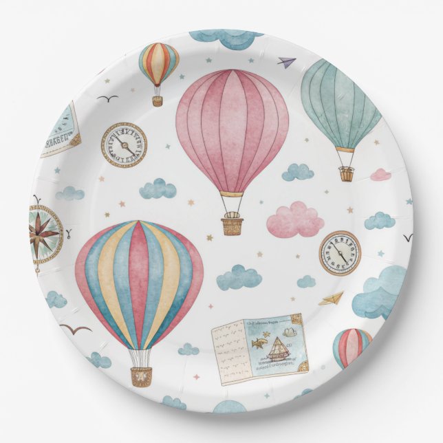 Vintage Hot Air Balloon Pattern (1) Paper Plates (Front)