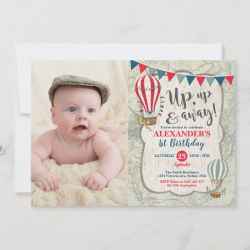 Vintage Hot Air Balloon Up and Away Boys Birthday Invitation