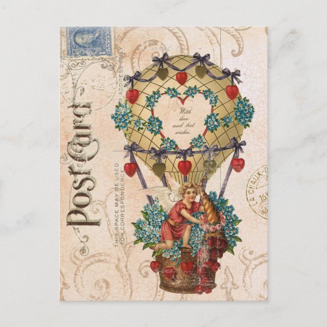 Vintage Hot air balloon Valentine postcard (Front)