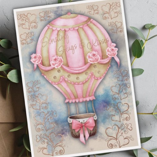 Vintage Hot Air Balloon Valentines Day Foil Holiday Card