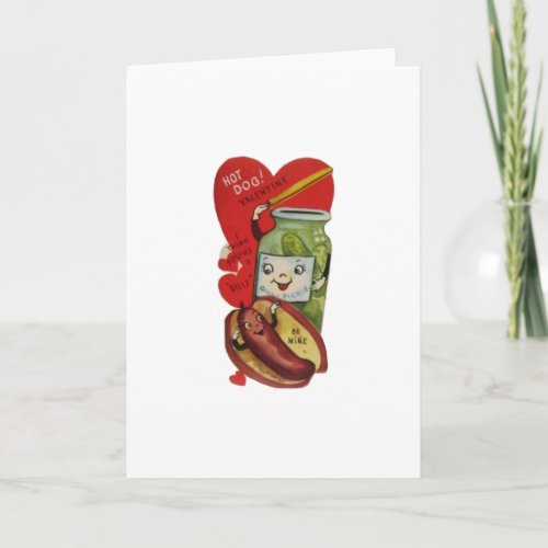Vintage Hot Dog and Pickle Valentine Holiday Card