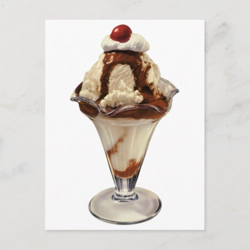 Vintage Hot Fudge Ice Cream Sundae Desserts Postcard