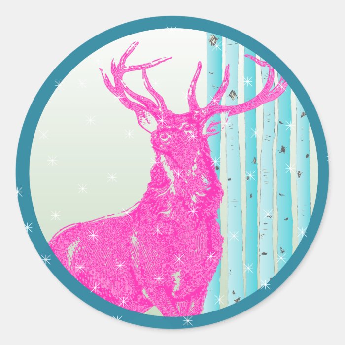 Vintage Hot Pink Deer Aqua Birch Tree Snowflake Sticker
