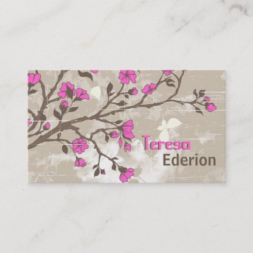 Vintage hot pink flowers floral grunge taupe business card