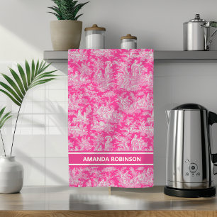 Vintage Hot Pink French Country Toile de Jouy Kitchen Towel
