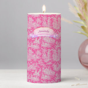 Vintage hot pink toile de jouy printed pillar candle