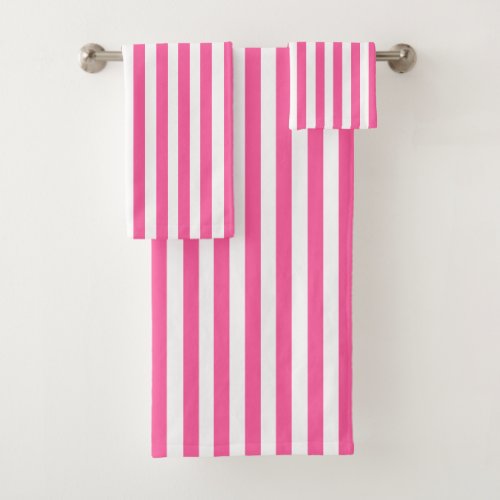 Vintage Hot Pink  White Stripes Striped Bath Towel Set