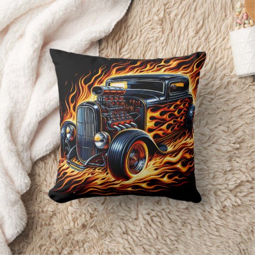 Vintage hot rod blazing through flames at sunset throw pillow