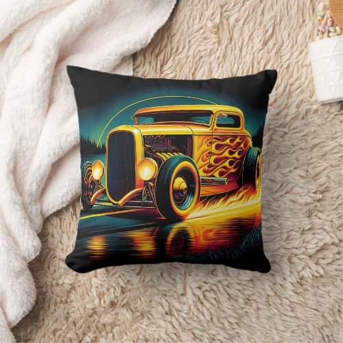 Vintage hot rod cruising at sunset by the lake throw pillow