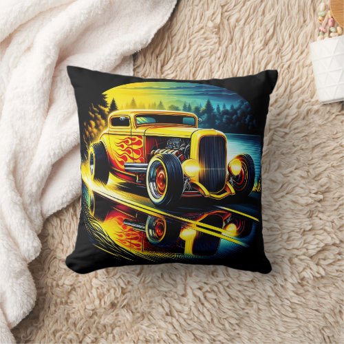 Vintage hot rod cruising by a serene   throw pillow