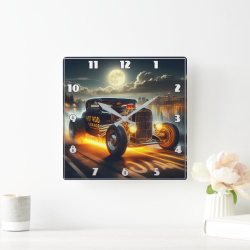 Vintage hot rod cruising by the lakeside at night square wall clock