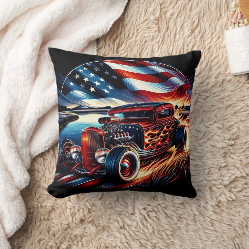 Vintage hot rod cruising by the lakeside at sunset throw pillow