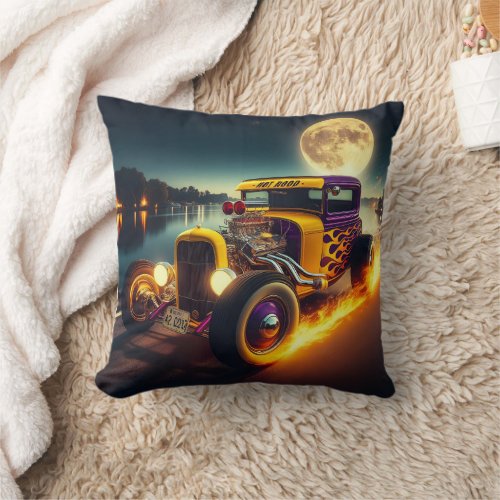 Vintage hot rod cruising under a full moon throw pillow