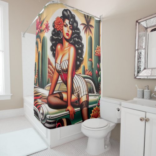 Vintage Hot Rod Latina Girl Shower Curtain
